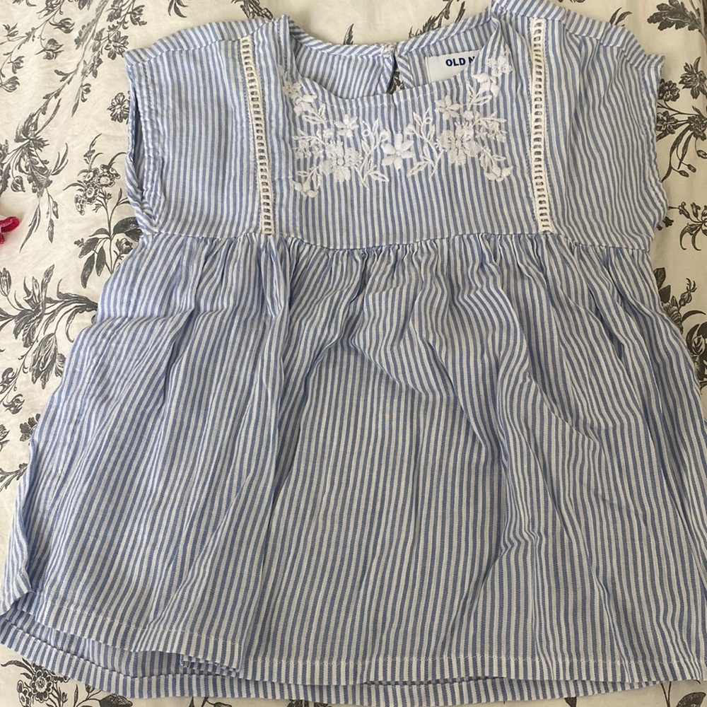 Old Navy Light Blue and White Striped Girls Blouse with Embroidered Yoke
